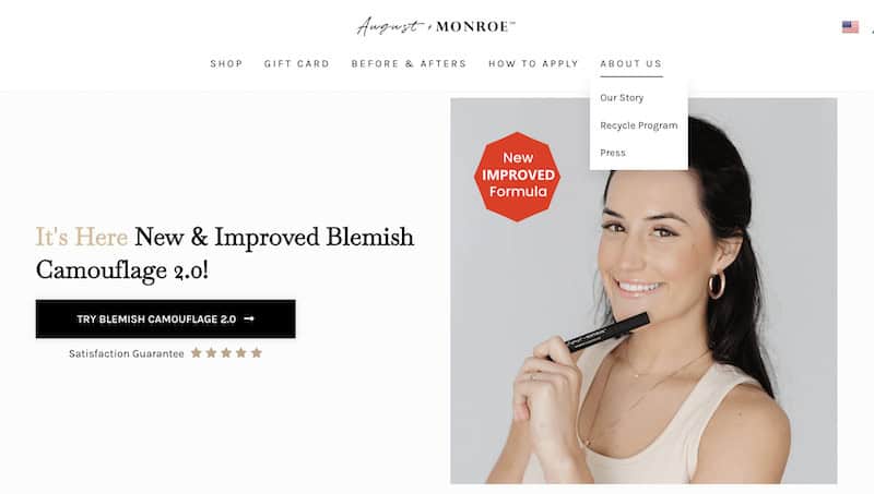 Homepage of the August and Monroe website which shows the owner modeling her blemish concealer product.