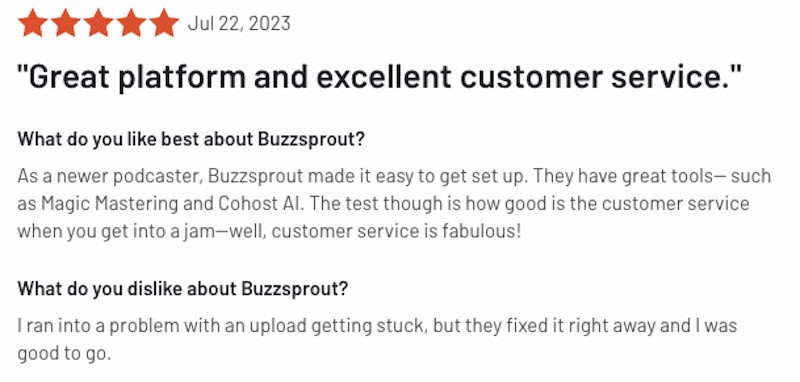 Buzzsprout podcast hosting is rated 5 out of 5 stars by this reviewer on G2. 