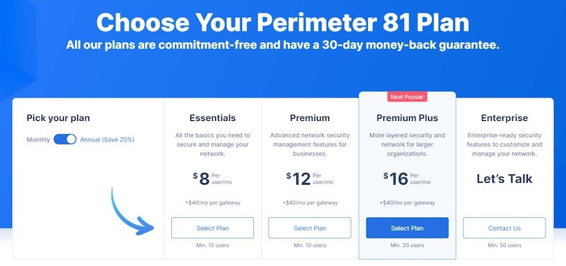 Screenshot of pricing tiers for Perimeter 81, from $8/mo to $16/mo and up.