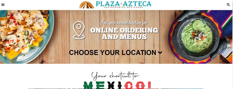 Screenshot of the Plaza Azteca Mexican restaurant with an easy to see online ordering section and clear description (yummy Mexican food!)