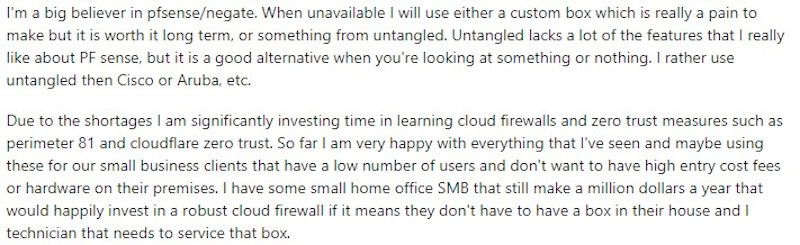 Screenshot of a Reddit discussion regarding firewall service providers.