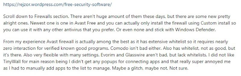 Screenshot of a Reddit discussion regarding free firewall service providers.