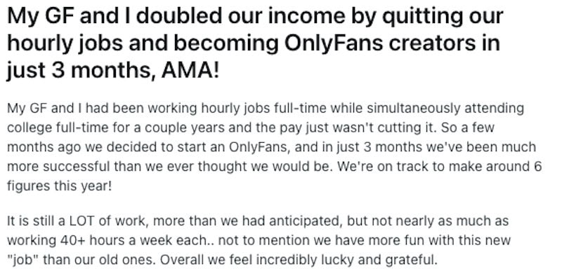 A screenshot of someone sharing on Reddit how he and his girlfriend make six figures with their OnlyFans account.