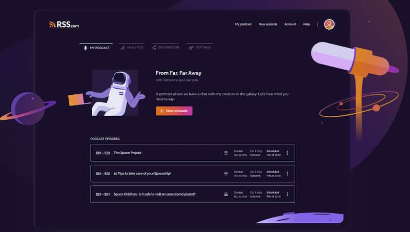 The RSS.com podcast dashboard screenshot makes it easy to find your podcasting tools. It has a space age theme.