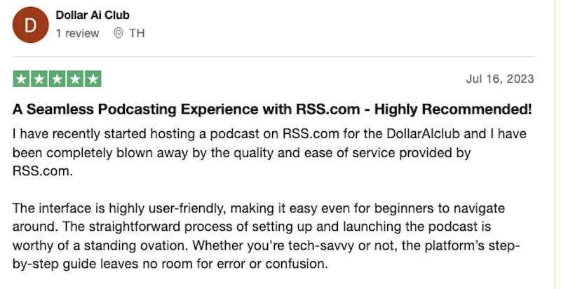 The host of the Dollar AI Club podcast gives RSS 5 out of 5 stars, mentioning quality and ease of use for beginners.