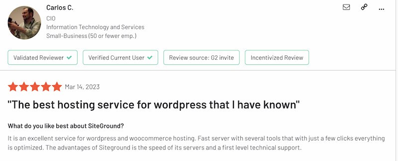 Screenshot of SiteGround Managed WordPress hosting review on G2. The reviewer says SiteGround is the best hosting service for WordPress that I have ever known.