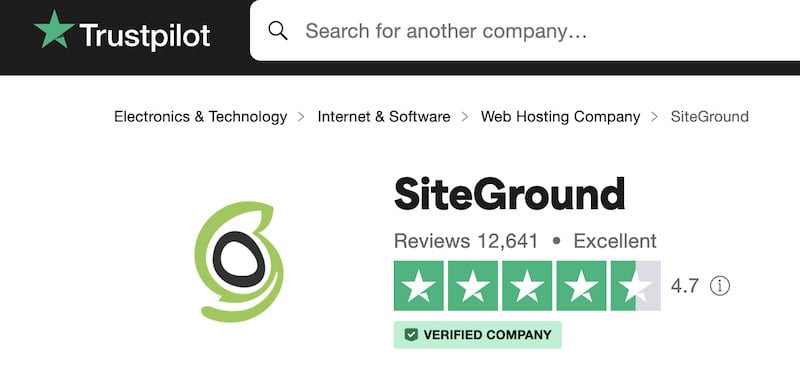 Trustpilot screenshot of SiteGround web hosting review indicates 12,641 reviewers give it 4.7 stars out of 5. Hot dang.