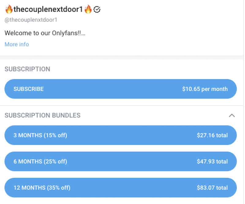 A screenshot of TheCoupleNextDoor1 which offers monthly and yearly subscriptions to their content.