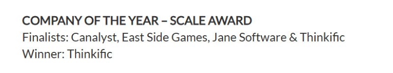 Image of Thinkific earned a “Scale Award” as part of the BC Tech Awards in 2021.