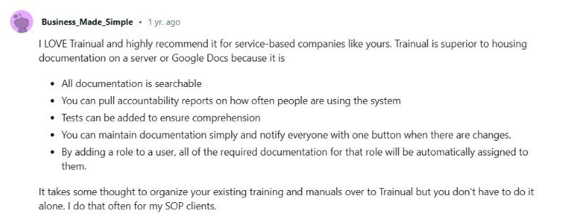 A business owner on Reddit describes the convenience of using Trainual for remote employee training.