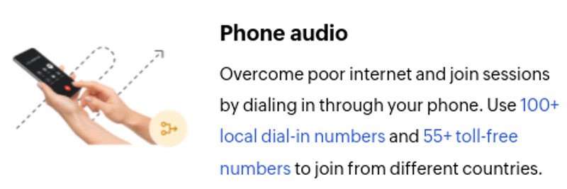 Zoho Meeting has the option to dial in by phone. 