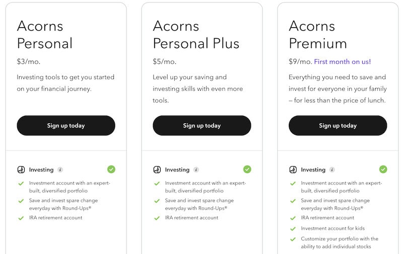 The Acorns pricing and account options. 