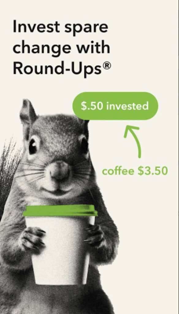 An Acorns advertisement of a squirrel holding a coffee cup and explaining Acorns' 