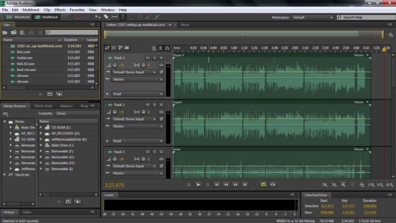 Adobe Audition audio editing software dashboard. 