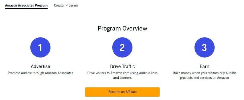 A screenshot of the Audible Creator Program, where you can promote Audible through Amazon Associates and earn affiliate income.
