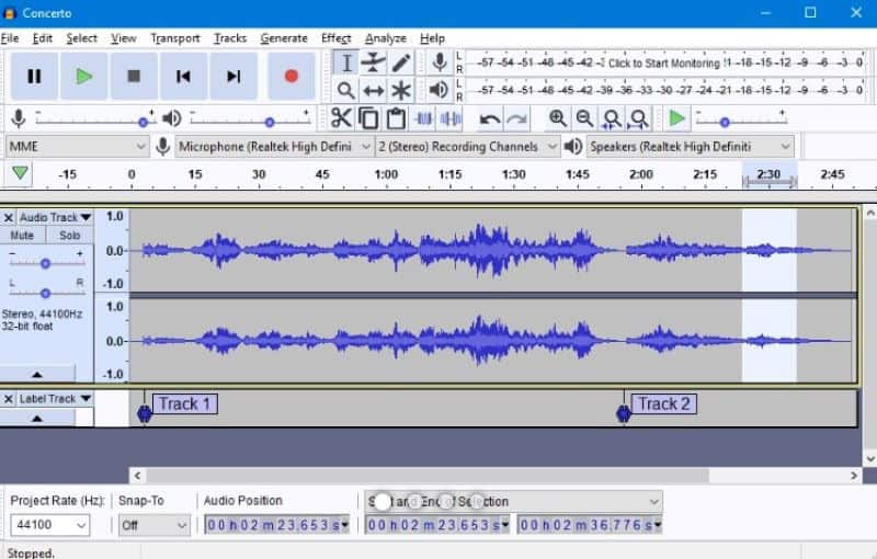 Audacity audio editing software dashboard. 