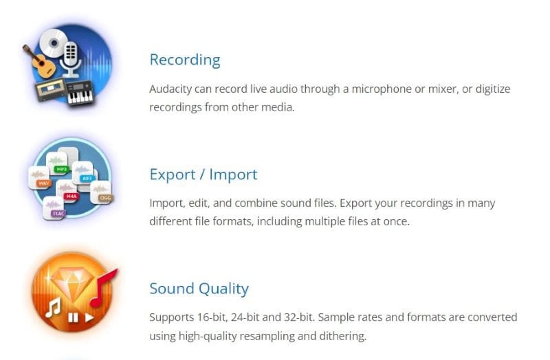 Audacity audio editing software features. 