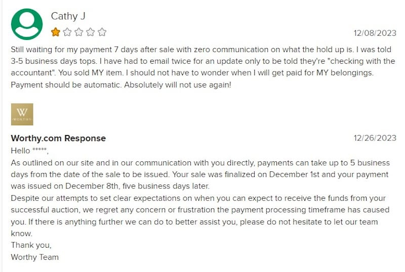 A screenshot of a negative Worthy.com review with a detailed response from Worthy.com