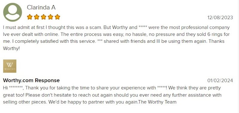 A screenshot on BBB of a positive Worthy.com review and a positive response from Worthy.com