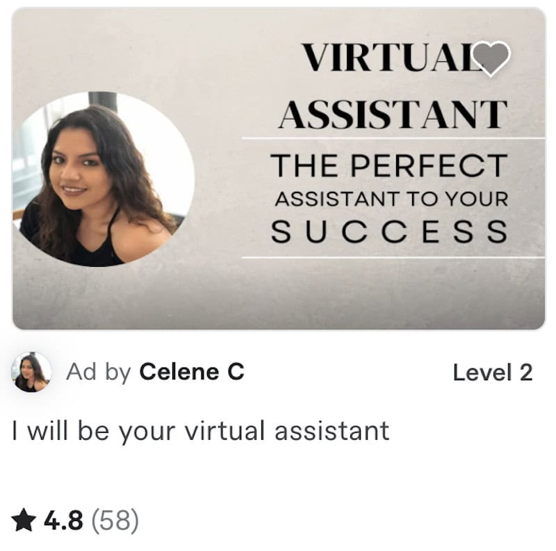 Fiverr advertisement for a virtual assistant named Celine C.