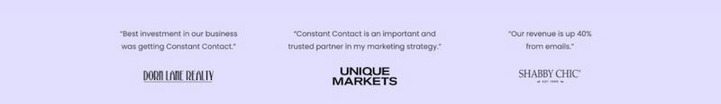 Some of Constant Contact’s satisfied users include Dorn Lane Realty, Unique Markets pop-up marketplace, and Shabby Chic homeware. 