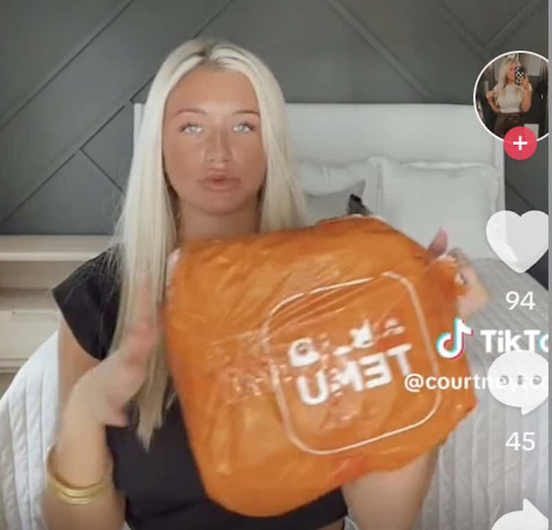 Influencer Courtney Cox showing her Temu haul on TikTok. 