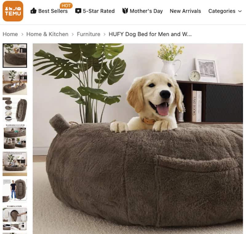 A big fluffy dog bed with a yellow Labrador puppy sitting on it for sale on Temu. 