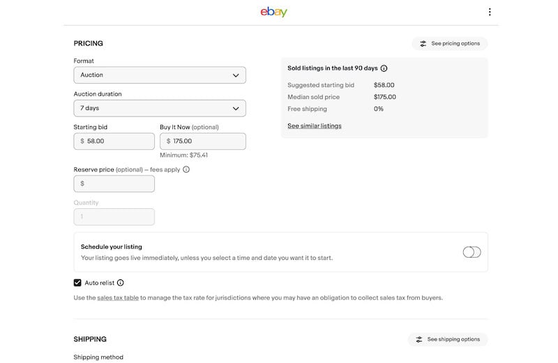 A screenshot of eBay's seller pricing page for a listing. 