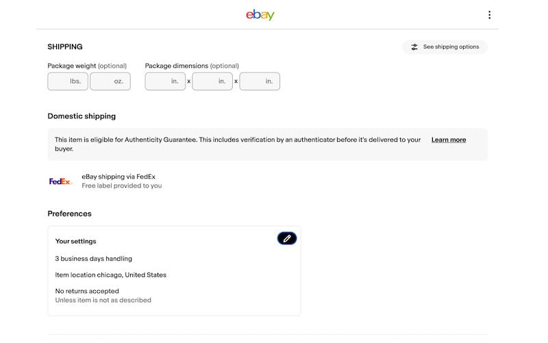 A screenshot of the shipping costs estimate calculator on eBay. 