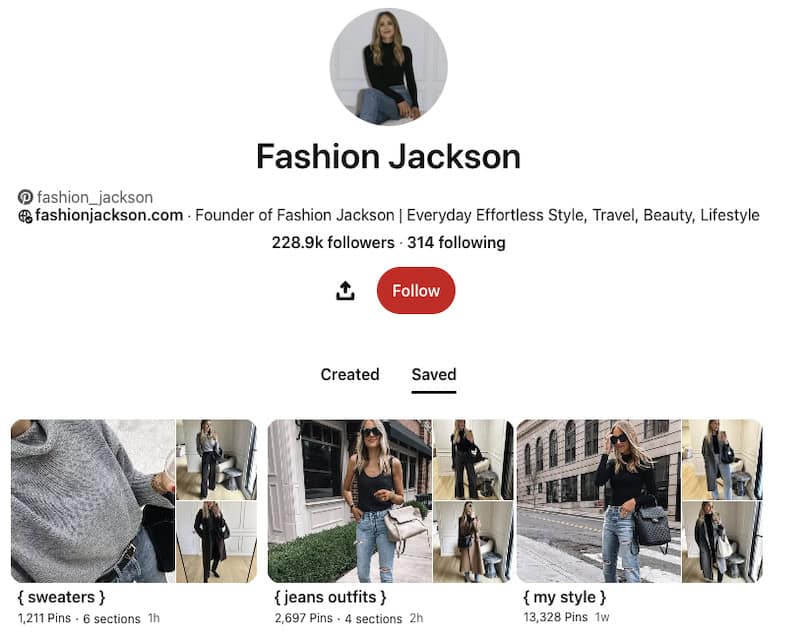 Screenshot of Amy’s Pinterest page encouraging people to follow her on social and visit her website
