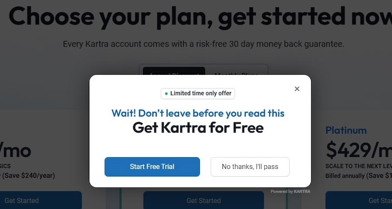 A screenshot of a pop up box from Kartra offering a free trial.