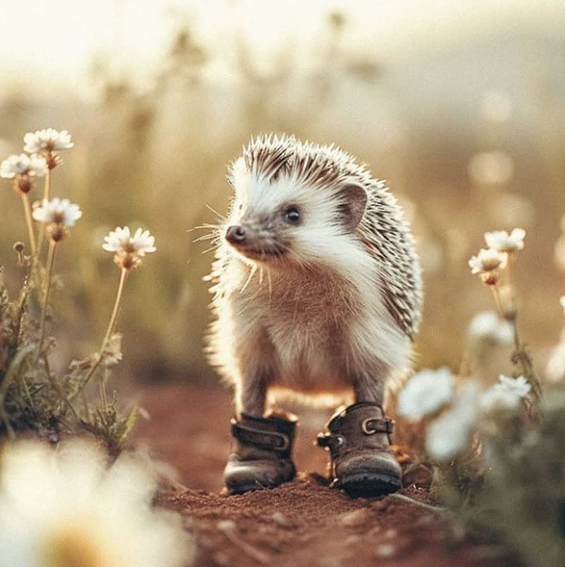 A cute picture of a hedgehog wearing boots in a field of flowers. 