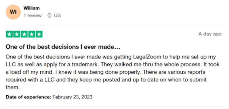 A five star LegalZoom review on Trustpilot. 