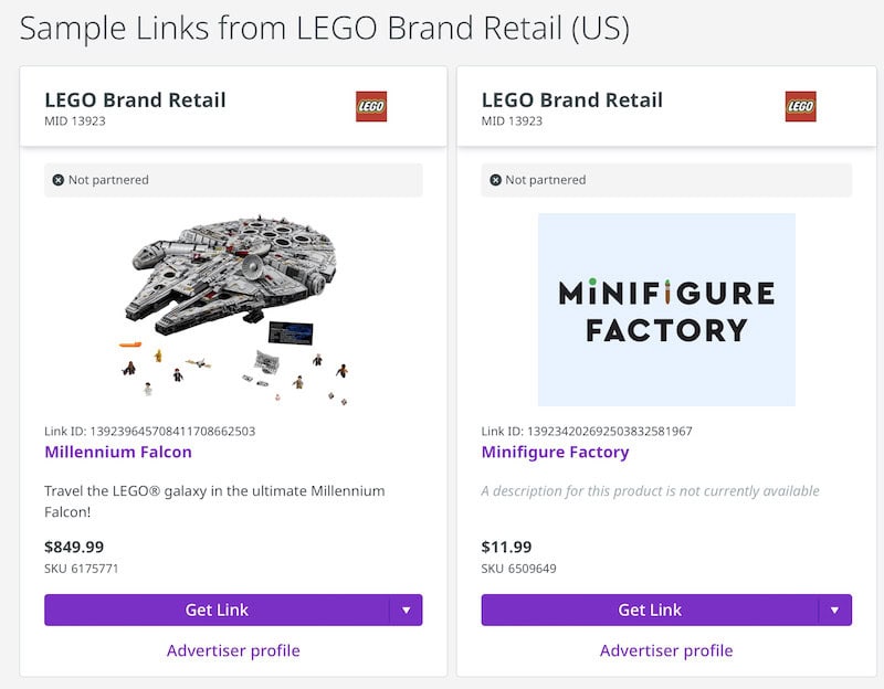 Examples of affiliate LEGO product links for the Millennium Falcon and a Minifigure Factory. 