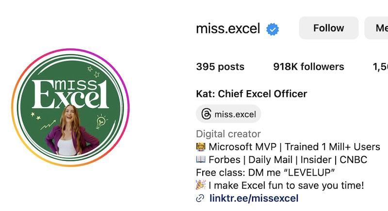 Instagram page for Miss Excel. She has 918k followers.