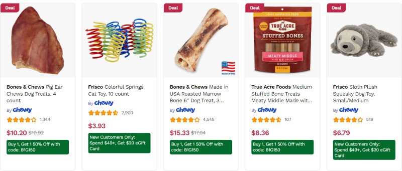 An assortment of pet toys and treats for sale on Chewy.com. 