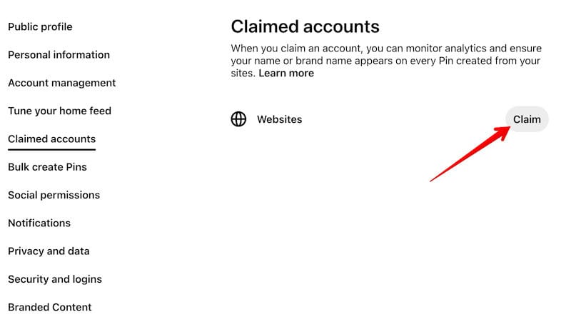 Screenshot of Pinterest settings allowing you to claim your website.