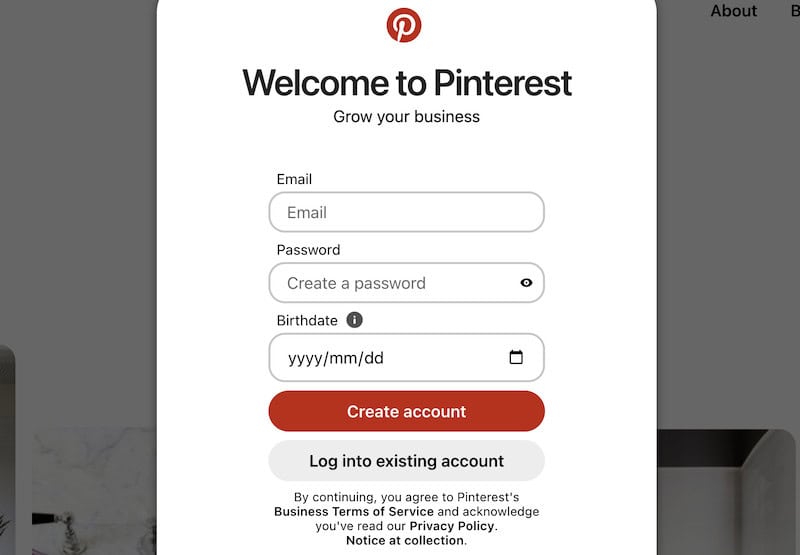 Screenshot of signing up for a Pinterest account