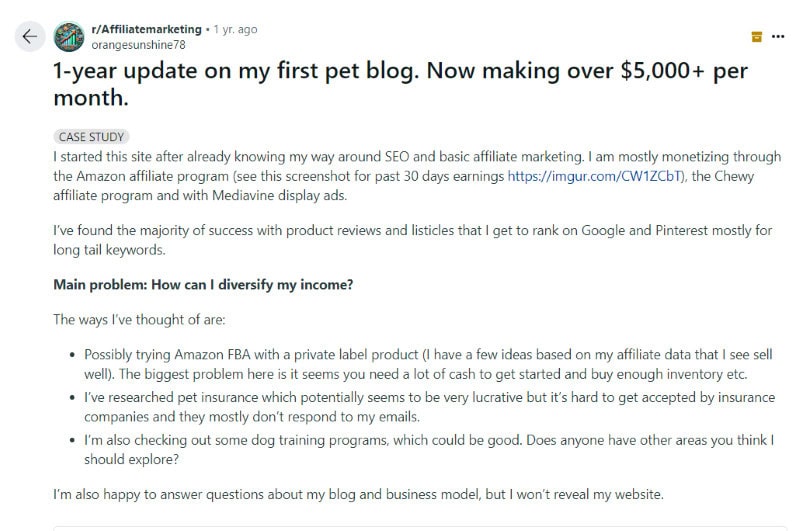 A Reddit thread with someone sharing how they make over $5,000 a month with the Chewy affiliate program. 