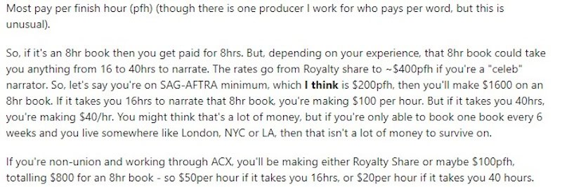 A screenshot from Reddit where a professional narrator describes how payment works for Audible narrators.
