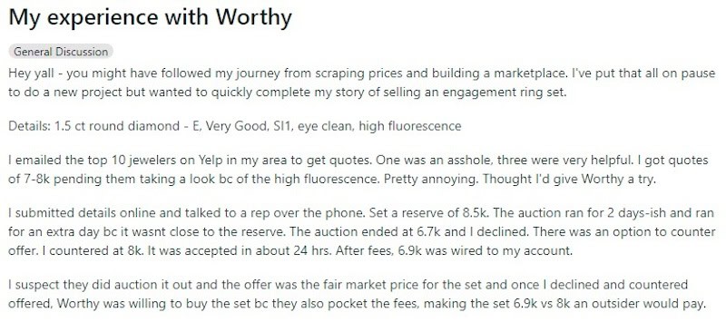  A Reddit screenshot of a Redditor sharing his story selling through Worthy.com