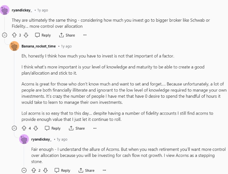 Two people on Reddit sharing their own experiences using Acorns and Betterment investing platforms. 
