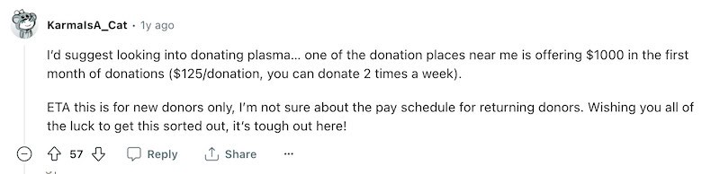 A screenshot on Reddit suggesting donating plasma to make money.