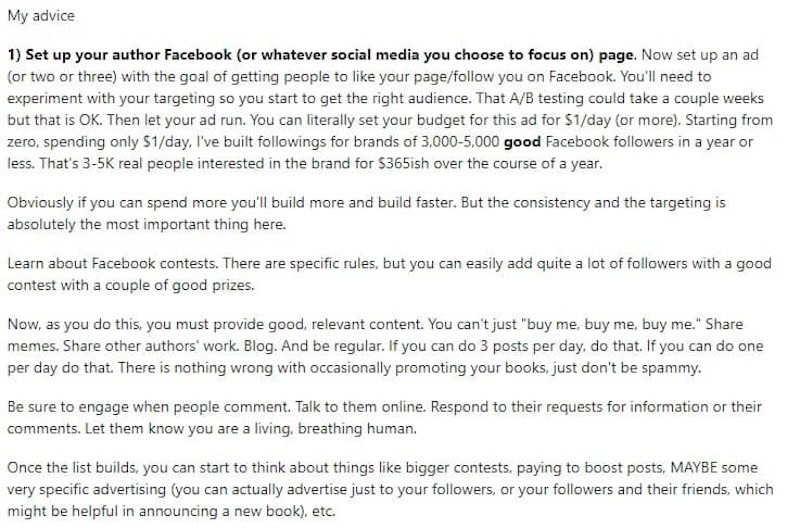 A screenshot from Reddit sharing how you should market a book using Facebook.