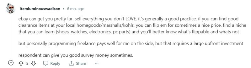 A Reddit post suggesting selling things you don't love as one way to earn 10k a month.