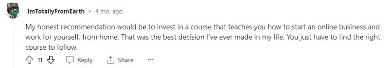 A Reddit post suggests someone who wants to turn 10k into 100k would invest in an online business course.