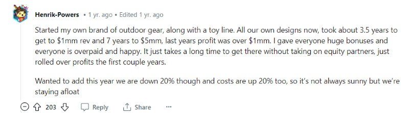 Screenshot of Reddit user explaining how they sell their own brand of outdoor gear to make money online. 