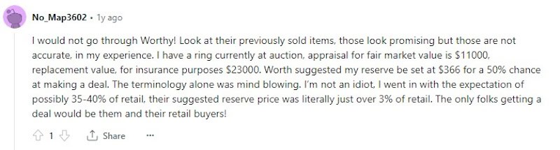 A Reddit screenshot from the Divorce subreddit from someone unhappy with the price offered by Worthy.com