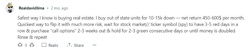 A Reddit user suggests buying real estate as a way to double 10K quickly.