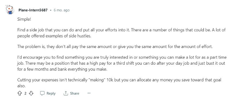 A Reddit post suggesting someone find a side hustle to earn 10k a month.